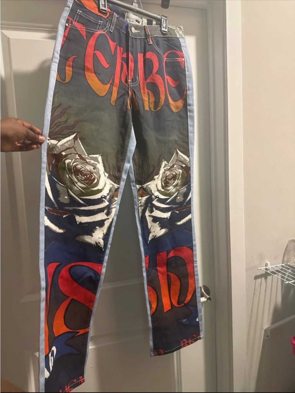 Fashion Nova Women’s Skinny Jeans with Rose Graphic - Blue/Red/White
